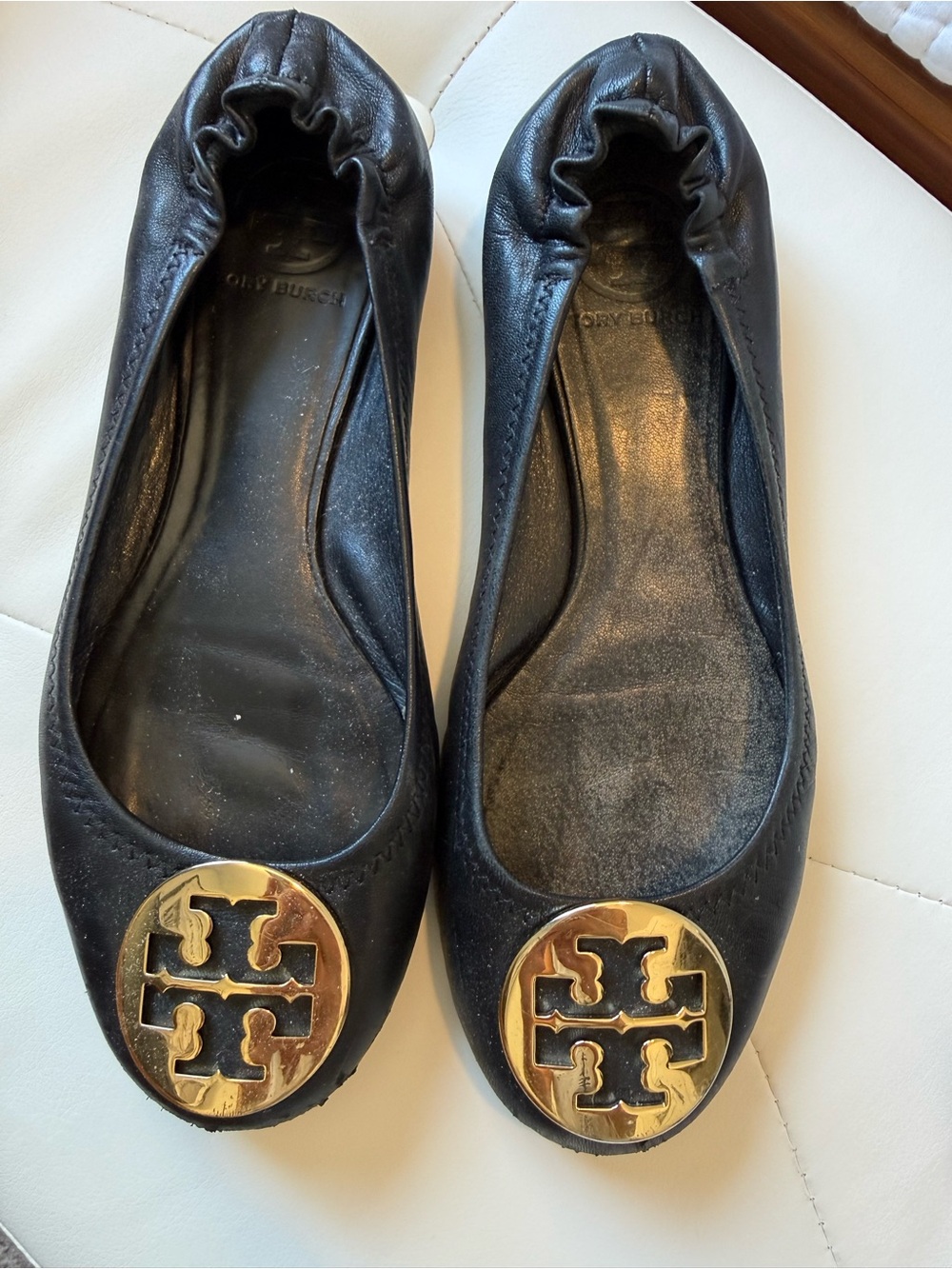 Tory Burch Black Leather Ballet Flats with Gold Logo Medallion